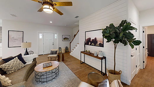 Living room area in farmhouse style home