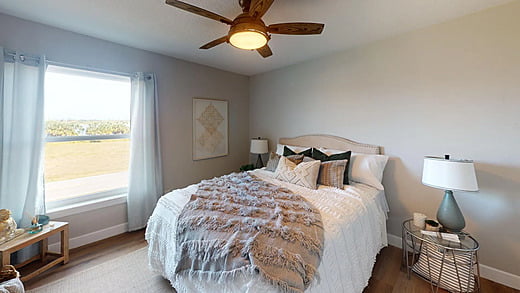 Bedroom with window view and fan