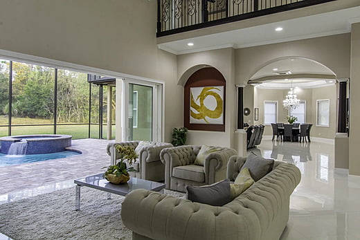 Living room in a new transitional home in Tampa.